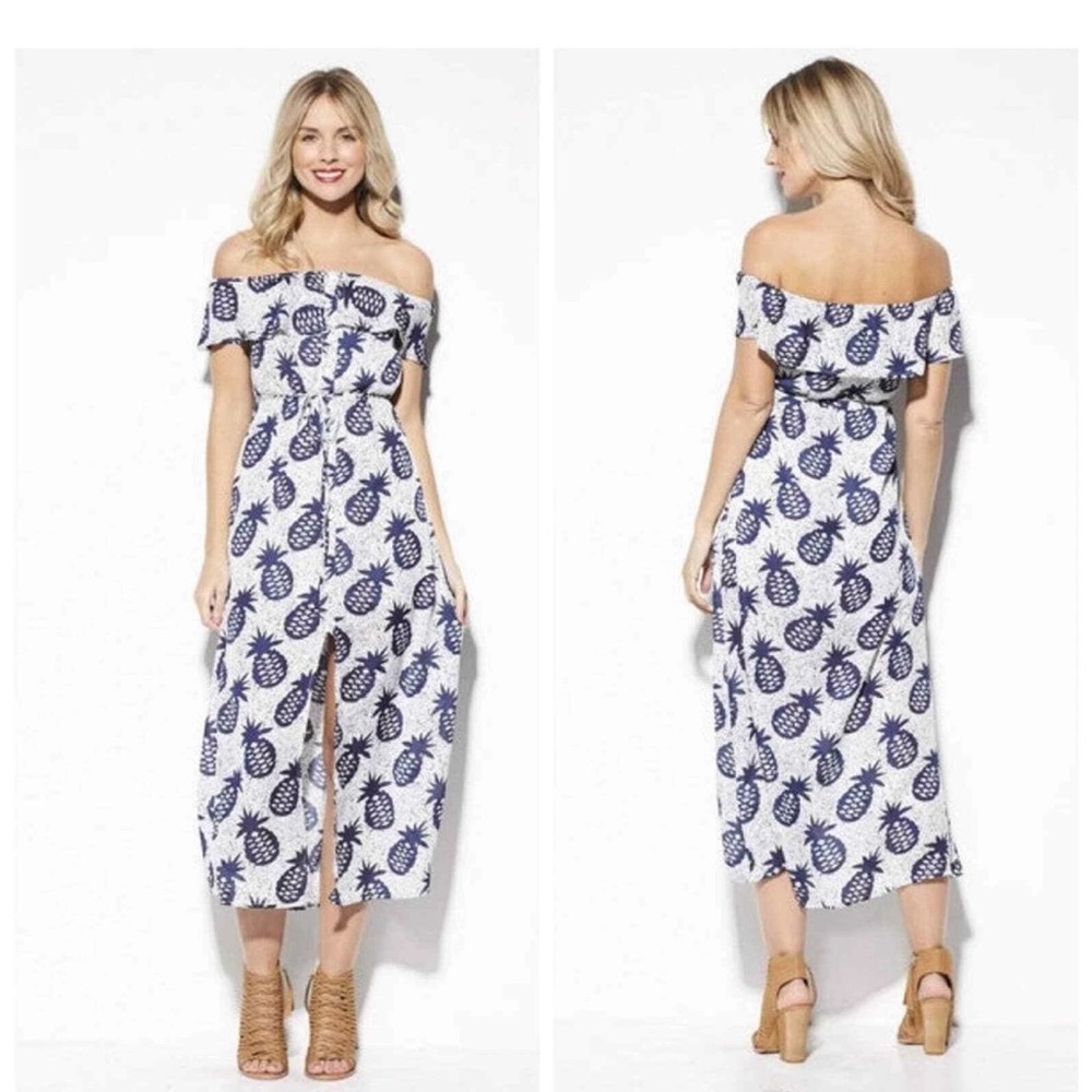 Lucca Couture Pineapple Blue and White Ruffled Off-Shoulder Sundress